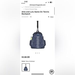 Ame and lulu “game on “ tennis backpack in navy antelope print